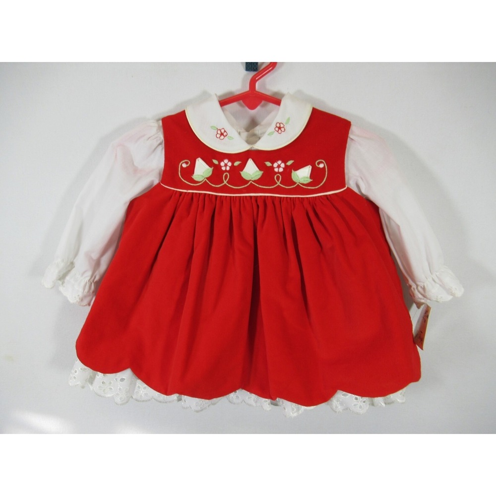 Vintage 80s 90s Baby Togs Embroidered Pinafore Dress 6-9 Months Red Velvet